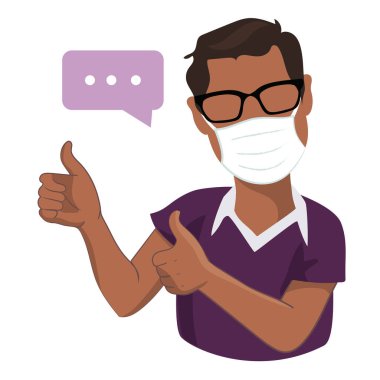 Beyaz arka planda yalıtılmış tıbbi maske takan afro amerikalı bir adam. Çizgi film karakteri, tıbbi yüz maskesi ve vektör illüstrasyonunda baş parmakları havada..