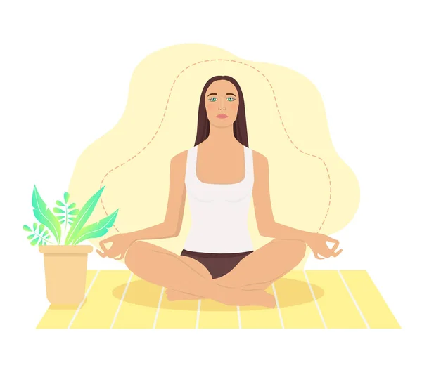 Woman meditating at home. Concept illustration for yoga, meditation, relax, recreation, healthy lifestyle. illustration in flat cartoon style.