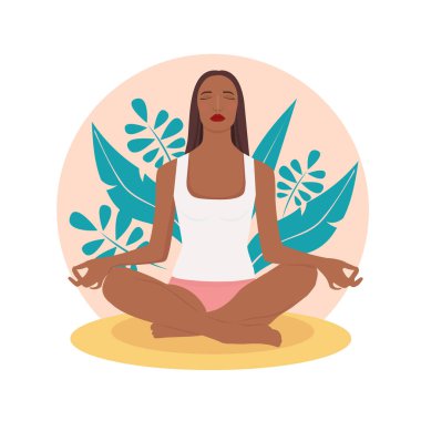 Yoga, meditasyon, rahatlama, sağlıklı yaşam tarzı kavramları. Doğada meditasyon yapan bir kadın. Çizgi film tarzında illüstrasyon.