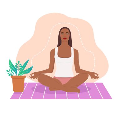 Yong kadını evde meditasyon yapıyor. Yoga, meditasyon, rahatlama, dinlenme, sağlıklı yaşam tarzı kavramları. Çizgi film tarzında illüstrasyon.