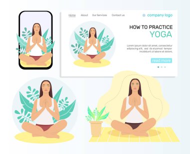 İllüzyon seti. Yoga yapan genç bir kadın. İniş sayfası, sağlıklı yaşam tarzı kavramının çizimi, evde ve dışarıda fiziksel egzersizler, yoga dersleri. Düz biçim illüstrasyon.