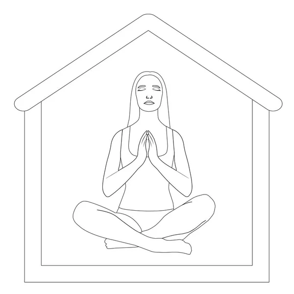 Concept Healthy Lifestyle Yoga Sports Home Outline Girl Lotus Position — Wektor stockowy