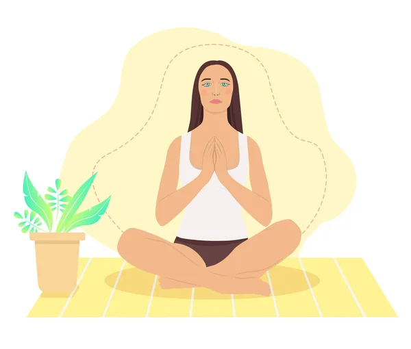 Woman meditating at home. Concept illustration for yoga, meditation, relax, recreation, healthy lifestyle. illustration in flat cartoon style.