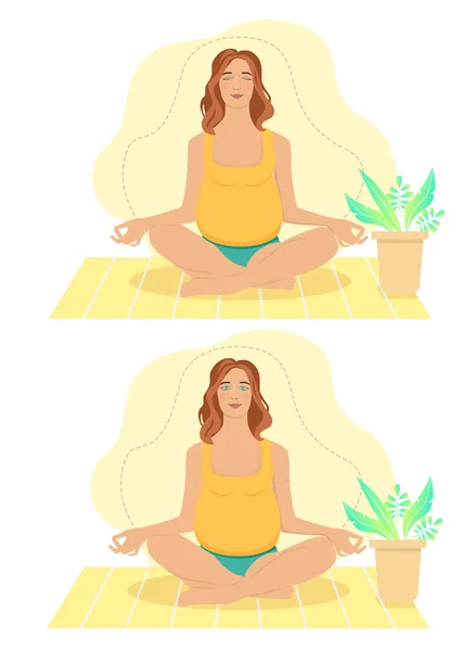 Pregnant woman meditating at home. Concept illustration for prenatal yoga, meditation, relax, recreation, healthy lifestyle. Illustration in flat cartoon style.