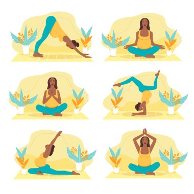 Doğum öncesi yoga seti ayarlandı. Spor ve spor, hamilelik konsepti. Vektör illüstrasyonu.