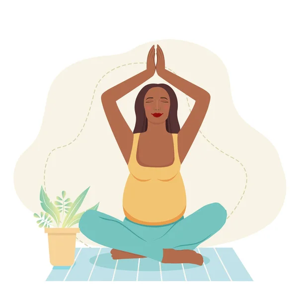 Pregnant woman meditating at home. Concept illustration for prenatal yoga, meditation, relax, recreation, healthy lifestyle. Illustration in flat cartoon style.