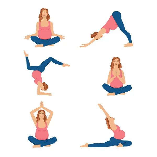 Doğum öncesi yoga seti ayarlandı. Spor ve spor, hamilelik konsepti. Vektör illüstrasyonu.