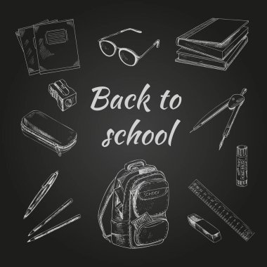 Okula geri dön. El çizimi illüstrasyon. Tahtadaki okul eşyalarının vektör seti. Okul resimlemesi.