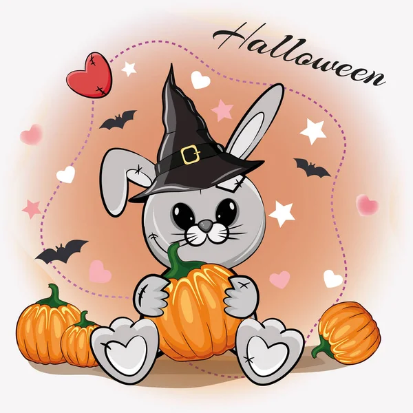Linda Ilustración Halloween Con Conejo Gris Dibujos Animados Sombrero Bruja — Vector de stock