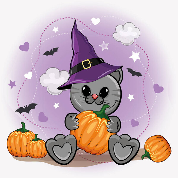 Cute Halloween illustration with a cartoon gray cat in a witch hat with pumpkins on a cute purple background. Cartoon vector illustration.