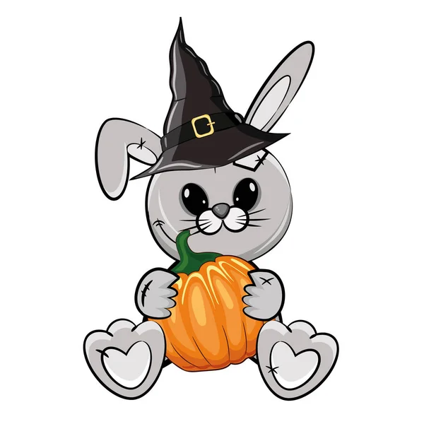 Linda Ilustración Halloween Con Conejo Gris Dibujos Animados Sombrero Bruja — Vector de stock