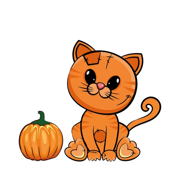 Lindo Gato Rayas Rojas Con Una Calabaza Sobre Fondo Blanco — Vector de stock