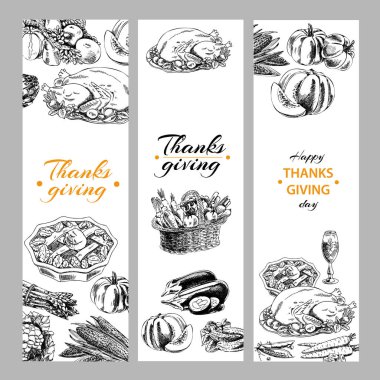 Şükran Günü için el yapımı vektör pankartlar. Klasik bir çizim tarzında bir illüstrasyon. Retro gıda çizimi çizimi. 