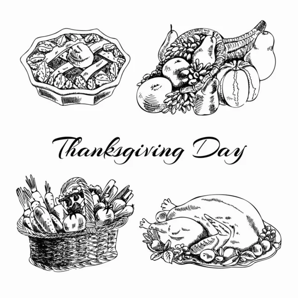 Elle çizilmiş Şükran Günü tabakları: fırında hindi, cornucopia, sebze sepeti, elmalı turta. Klasik mürekkep çizimleri. Etiketler ve kartpostallar için vektör illüstrasyonu.