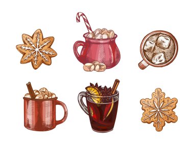 Kış tatili içkilerinin ve kurabiyelerin el yapımı klasik çizimi. İçinde marşmelovlu kakao, sıcak şarap, buzlu kahve ve zencefilli kurabiye var. Hem renk hem de monokrom sürümleri içerir.