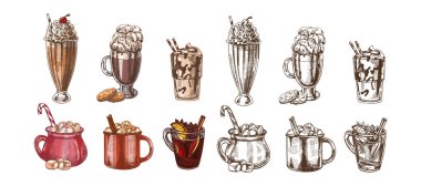 Lezzetli milkshake, marşmelovlu kakao ve tarçınlı şarap. Renk ve tek renkli sürümleri içerir