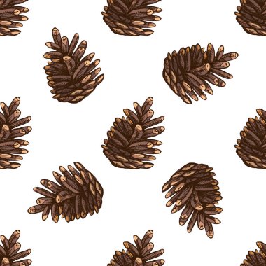 Kahverengi tonlarda el yapımı, dikişsiz kozalak deseni. Ambalaj kağıdı, kış tasarımı, Noel ambalajı, kırsal dekor, kumaş baskıları ve doğal orman temalı projeler için mükemmel..