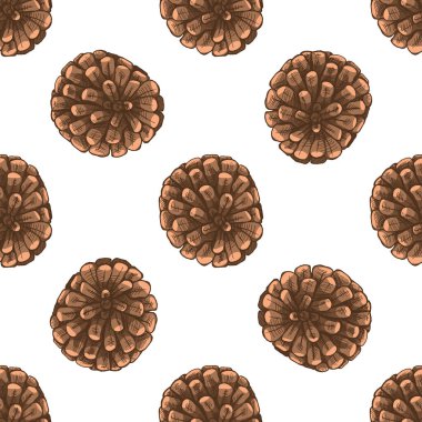 El yapımı, çam kozalaklarının dikişsiz deseni, eski usul oymalı. Ambalaj kağıdı, kumaş, Noel arkaplanı, köy dekorasyonu ve rahat kış tasarım projeleri için mükemmel..