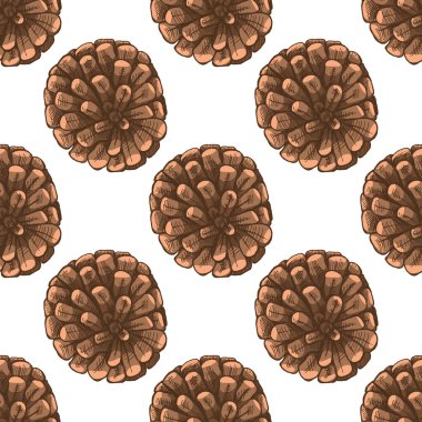 El yapımı, çam kozalaklarının dikişsiz deseni, eski usul oymalı. Ambalaj kağıdı, kumaş, Noel arkaplanı, köy dekorasyonu ve rahat kış tasarım projeleri için mükemmel..