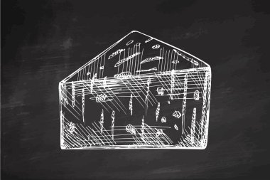 Hand drawn vintage sketch of blue cheese wedge with mold veins on chalkboard background. Monochrome dairy illustration perfect for restaurant menu, packaging design, labels, posters, and culinary projects.