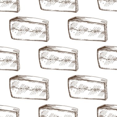Hand drawn vintage seamless pattern of cheese wedges with detailed texture in brown line art style. Perfect for packaging, menu backgrounds, textile prints, wrapping paper, and rustic kitchen decor.