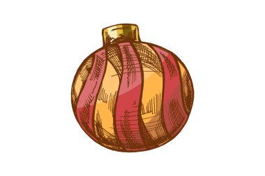 Hand drawn vintage sketch of Christmas ornament ball with red and gold stripes. Festive holiday illustration perfect for New Year and Christmas decor, greeting cards, posters, and packaging design.