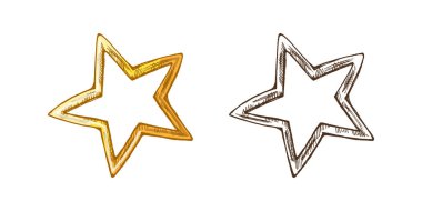 Hand drawn vintage golden christmas star ornament with hollow center. Includes color and monochrome versions for festive, holiday and winter design projects.