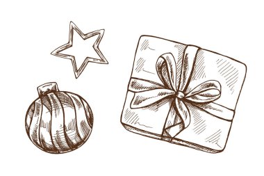 Hand drawn vintage monochrome illustration of christmas gift with ribbon, bauble and star. Perfect for festive cards, winter decor, wrapping paper and holiday projects.