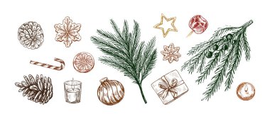 Kurabiyeler, çam dalları, koniler, hediyeler, mücevherler, şekerler ve mumların monokrom versiyonuyla el yapımı klasik Noel seti. Şık tasarım projeleri için mükemmel..