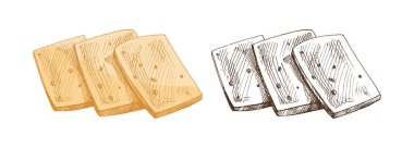 Sarı ve tek renkli versiyonlarda dilimlenmiş peynir içeren el yapımı klasik vektör illüstrasyon seti. Restoran menüleri, mutfak tasarımı, ambalaj, market markalaşma ve aşçılık projeleri için ayrıntılı süt ürünleri çizimi.