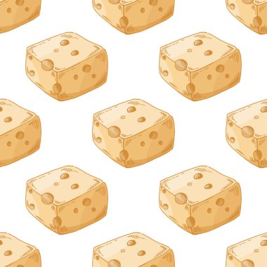 Sarı tonda yuvarlak delikleri olan peynir küplerinin el yapımı, dikişsiz desenleri. Menü tasarımı, ambalajlama, damgalama, ambalaj kağıdı, mutfak veya restoran dekorasyonu için ayrıntılı süt ürünleri vektör çizimi.