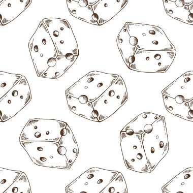 El yapımı, tek renk çizgili sanat tarzında yuvarlak delikleri olan peynir küpleri içeren dikişsiz klasik desenler. Menü, ambalaj, restoran markalaşması, ambalaj kağıdı veya mutfak dekorasyonu için ayrıntılı süt ürünleri vektör çizimi.