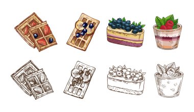 Waffle 'lı el yapımı tatlı seti, katmanlı pasta ve yabanmersinli tiramisu bardağı.