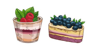 Waffle 'lı el yapımı tatlı seti, katmanlı pasta ve yabanmersinli tiramisu bardağı.