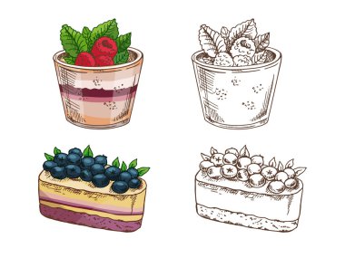 Waffle 'lı el yapımı tatlı seti, katmanlı pasta ve yabanmersinli tiramisu bardağı.