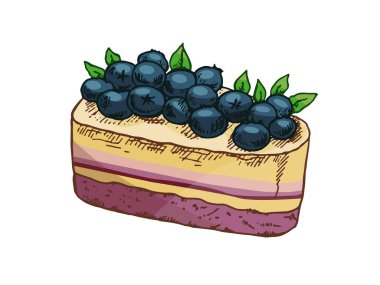 Krema katmanları ve nane yapraklarıyla el yapımı yabanmersinli kek dilimi. Fırın markalaştırma, tatlı paketleme, menü dekorasyonu, kafe posteri veya pastel renkli şekerleme projeleri için mükemmel..