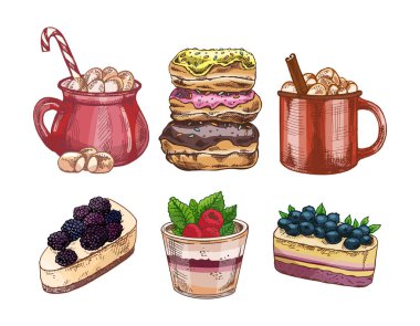 Elle çizilmiş klasik tatlı ve içecekler. Şekerlemeli kahve fincanları, donutlar ve kremalı çilekli kekler de dahil. Kafe menüsü, fırın tasarımı, ambalaj ve posterler için mükemmel..