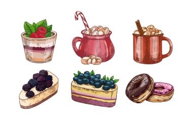 El yapımı tatlı tatlılar ve içecekler. Çörekler, çilekli kekler ve kremalı sıcak çikolata da dahil. Kafe menüsü, şekerlemeler, ambalajlar, posterler ve rahat mutfak tasarımı için mükemmel..