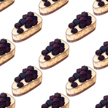 Lezzetli böğürtlenli cheesecake dilimlerinin pastel tonlarda olduğu el yapımı dikişsiz desen. Fırın ambalajı, tekstil tasarımı, ambalaj kağıdı, kafe dekorasyonu ve şekerleme markası için ideal.