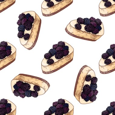 Lezzetli böğürtlenli cheesecake dilimlerinin pastel tonlarda olduğu el yapımı dikişsiz desen. Fırın ambalajı, tekstil tasarımı, ambalaj kağıdı, kafe dekorasyonu ve şekerleme markası için ideal.