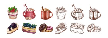 El yapımı tatlı ve içecekler, çörek, çilekli pasta ve tek renkli ve tek renkli şekerlemeli sıcak çikolata seti. Kafe menüsü, fırın tasarımı ve paketleme için ideal.