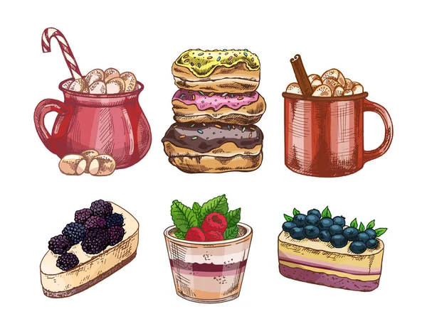 Elle çizilmiş klasik tatlı ve içecekler. Şekerlemeli kahve fincanları, donutlar ve kremalı çilekli kekler de dahil. Kafe menüsü, fırın tasarımı, ambalaj ve posterler için mükemmel..