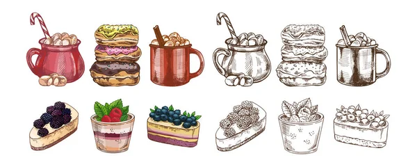 El yapımı sıcak içecekler, çörekler ve renkli ve tek renkli meyveli kekler. Kafe menüsü, şekerleme paketleme, tatlı tasarımı, posterler ve markalaşma projeleri için mükemmel..