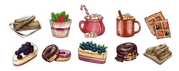 Çuro, çörek, waffle, sıcak çikolata ve dutlu kek de dahil olmak üzere el yapımı vintage şeker ve içecekler. Kafe menüsü, tatlı paketleme, pastane tasarımı ve şekerleme markası için mükemmel..