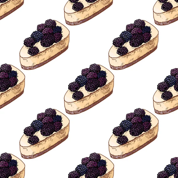 Lezzetli böğürtlenli cheesecake dilimlerinin pastel tonlarda olduğu el yapımı dikişsiz desen. Fırın ambalajı, tekstil tasarımı, ambalaj kağıdı, kafe dekorasyonu ve şekerleme markası için ideal.