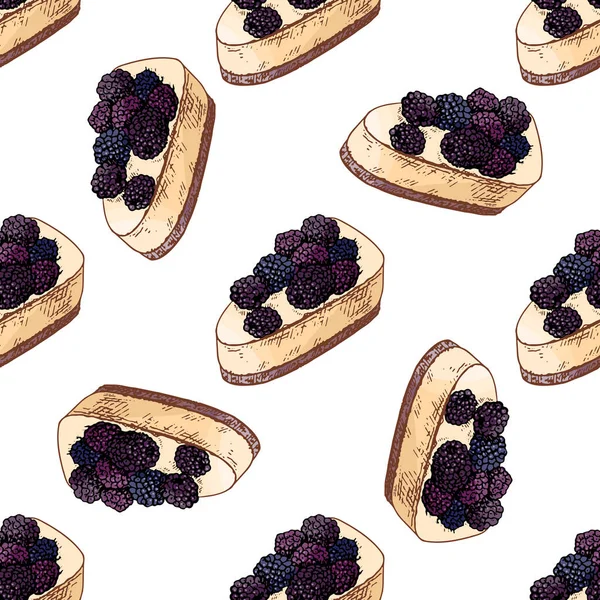 Lezzetli böğürtlenli cheesecake dilimlerinin pastel tonlarda olduğu el yapımı dikişsiz desen. Fırın ambalajı, tekstil tasarımı, ambalaj kağıdı, kafe dekorasyonu ve şekerleme markası için ideal.