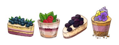 Kremalı, naneli ve yenilebilir çiçekli çeşitli mini peynirli kekler ve çilekli tatlılar. Fırın ambalajı, kafe menüsü, pastane markası ve ambalaj kağıdı tasarımı için mükemmel..