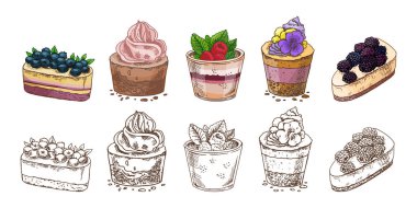 Renkli ve tek renkli kek, krema ve peynirli kekler içeren el yapımı klasik tatlı seti. Kafe tasarımı, ambalaj, fırın markalaşması, menüler ve ambalaj kağıdı için mükemmel..