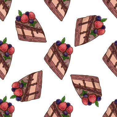 El yapımı, dikişsiz çikolatalı kek dilimi çilek ve yabanmersini renginde. Fırın tasarımı, ambalaj kağıdı, tekstil, ambalaj, kafe menüsü ve tatlı temalı projeler için mükemmel..