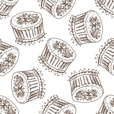 Yaban mersinli kek tatlısının monokrom sürümlü kırıntılarıyla el yapımı, dikişsiz klasik deseni. Fırın ambalajı, tekstil, ambalaj kağıdı, kafe menüsü tasarımı ve tatlı temalı projeler için mükemmel..